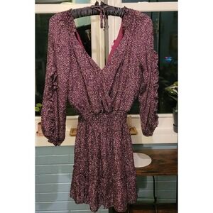 Parker Ruffle Mini Dress Smocked‎ Waist Long Sleeve V Neck Purple Dress Size 4